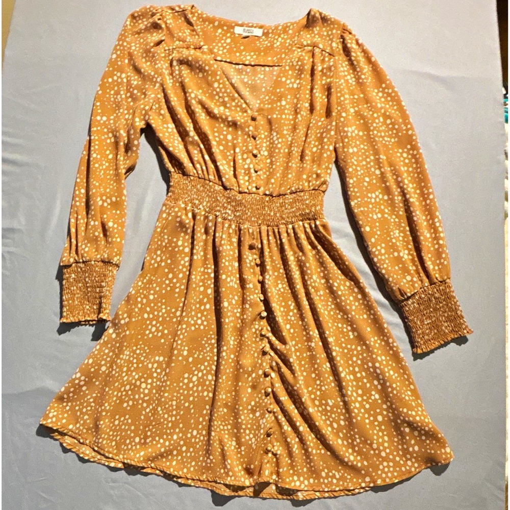 BB Dakota Steve Madden Tan White Dot Smocked Waist V-Neck Mini Dress Small